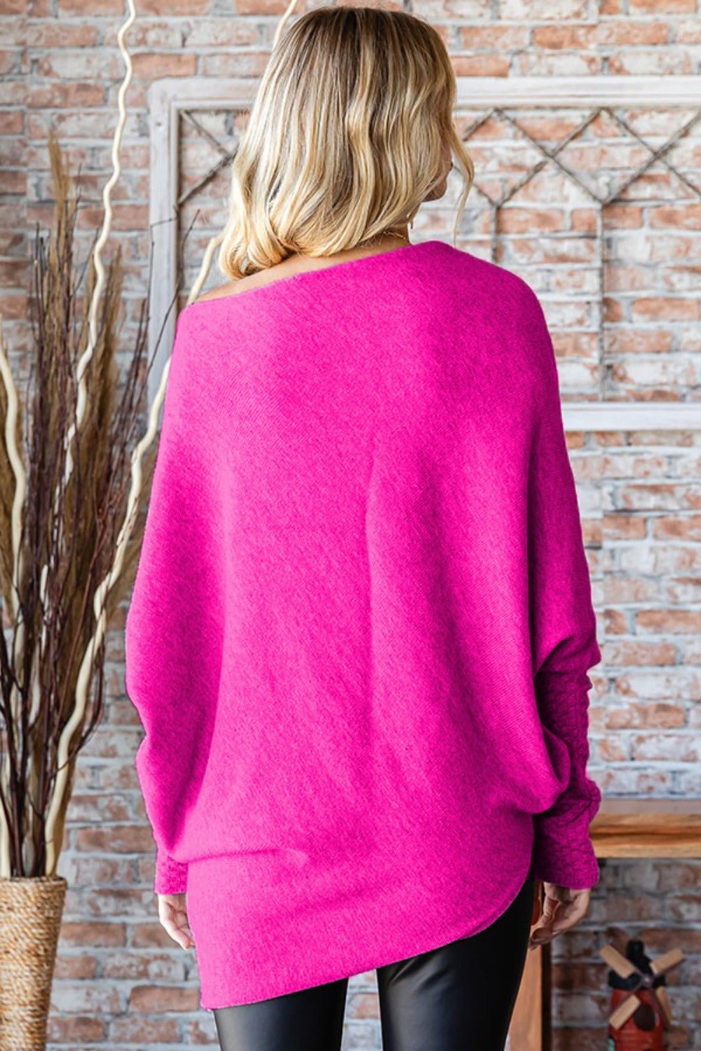 First Love Full Size Asymmetrical Hem Dolman Sleeve Sweater - Sweater - Fuchsia - Bella Bourget
