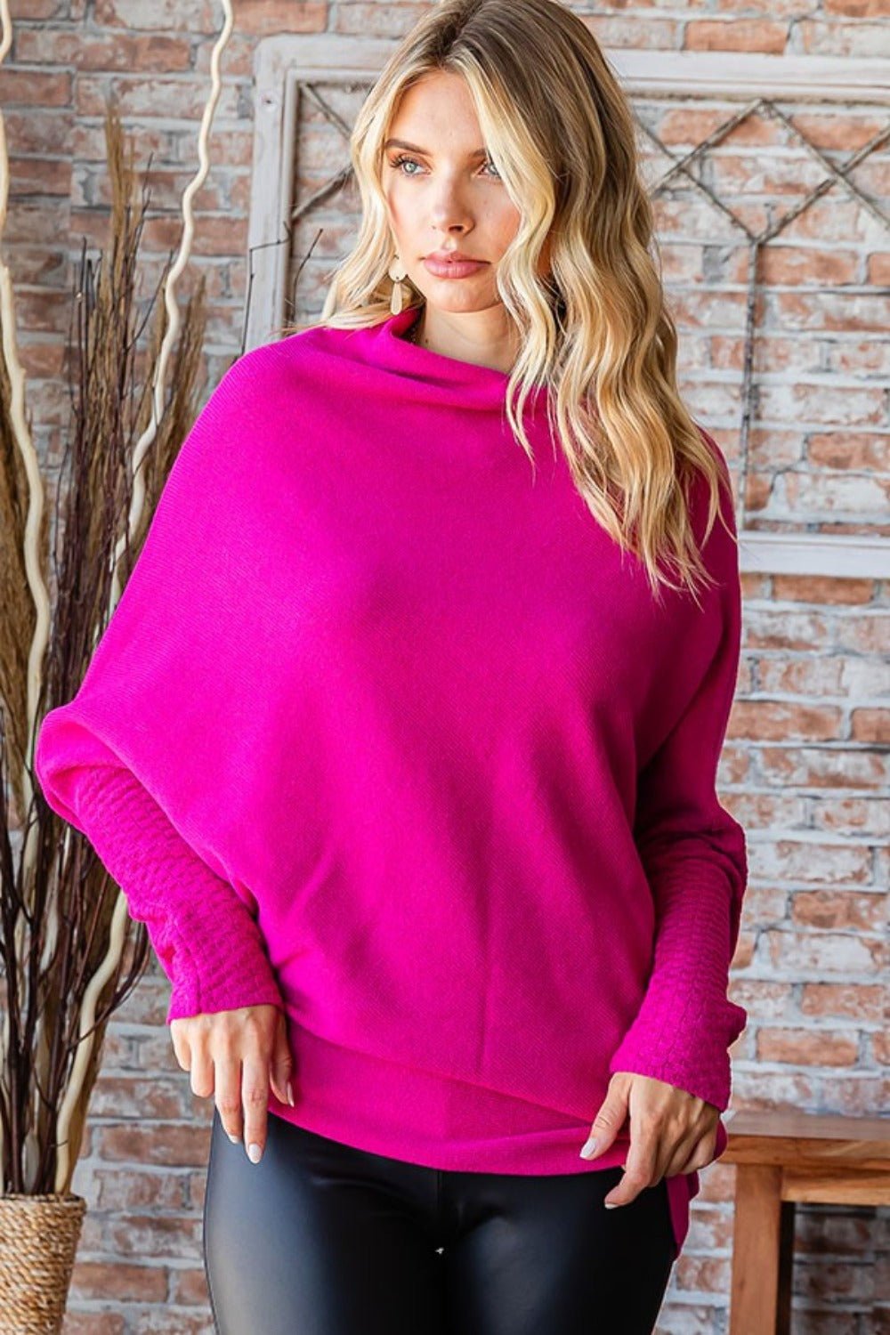 First Love Full Size Asymmetrical Hem Dolman Sleeve Sweater - Sweater - Fuchsia - Bella Bourget