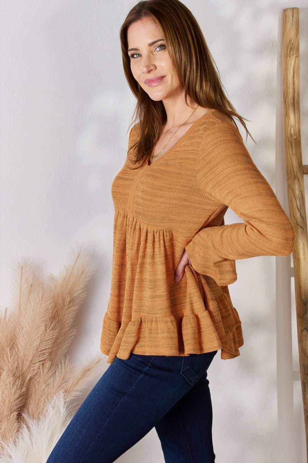 Hailey & Co Full Size V - Neck Flounce Sleeve Blouse - Top - RUST - Bella Bourget