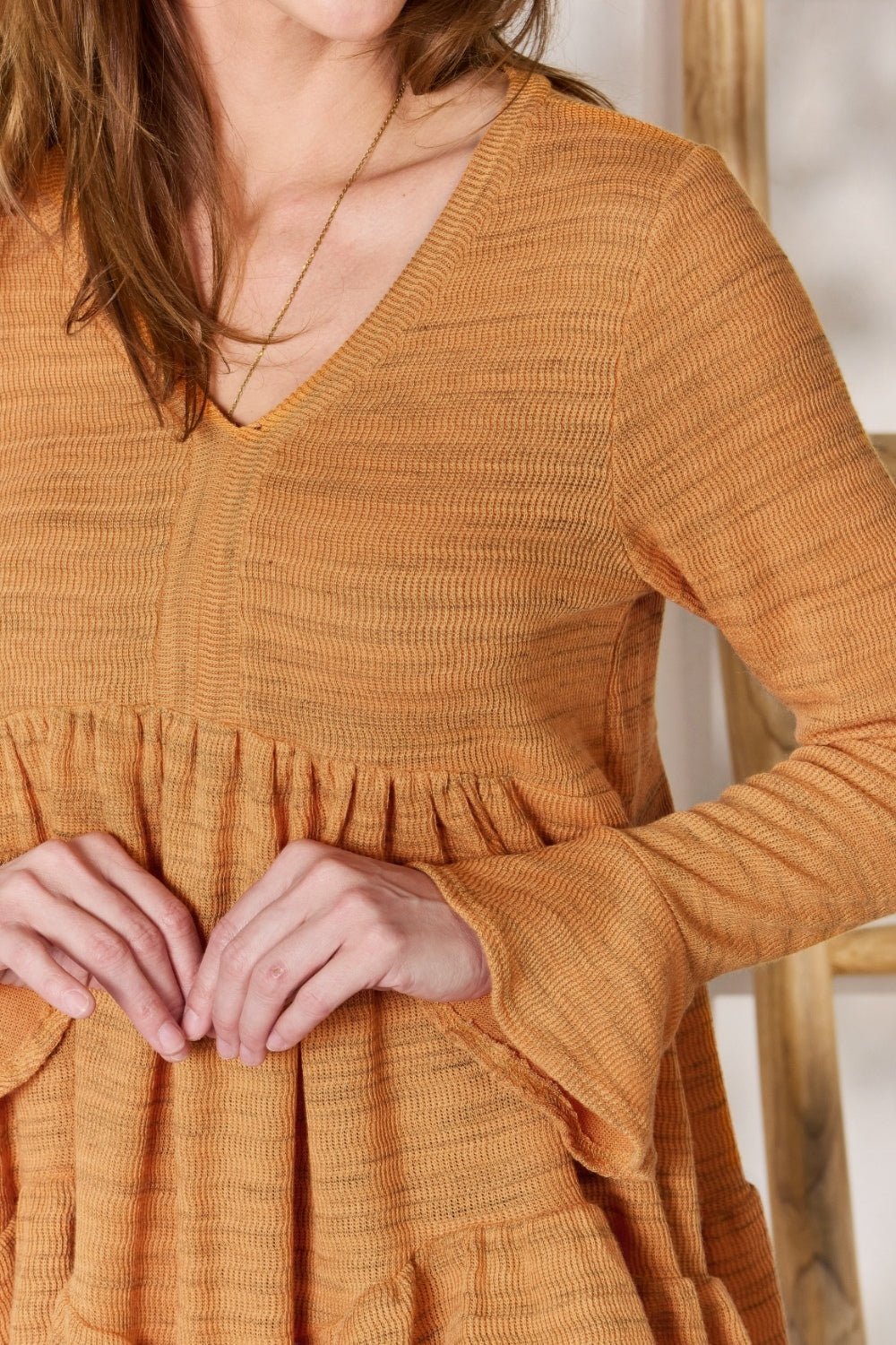 Hailey & Co Full Size V - Neck Flounce Sleeve Blouse - Top - RUST - Bella Bourget