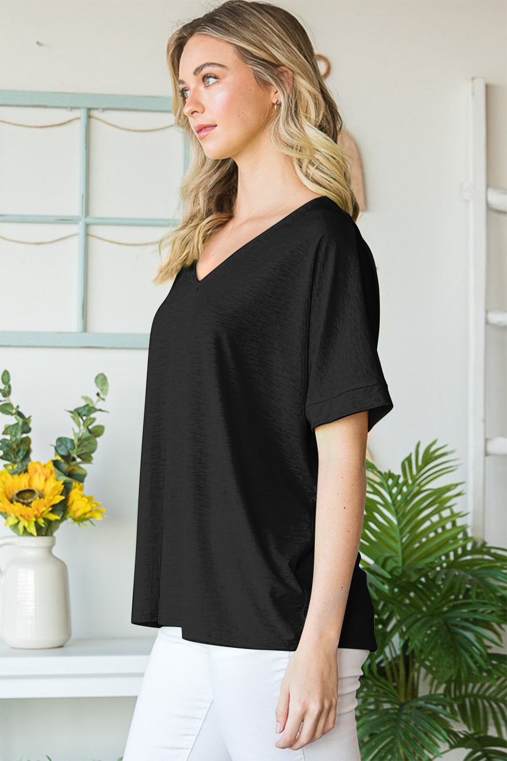 Heimish Full Size V - Neck Short Sleeve T - Shirt - Top - BLACK - Bella Bourget