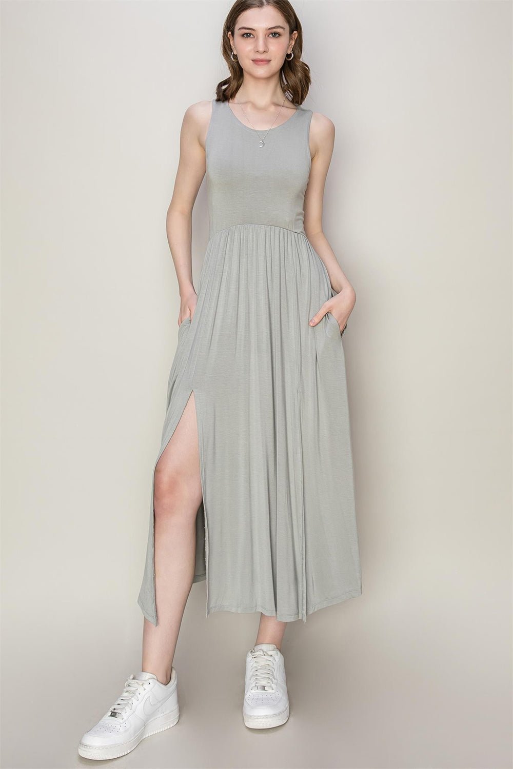 HYFVE Sleeveless Slit Midi Dress - Day Dress - Gray - Bella Bourget