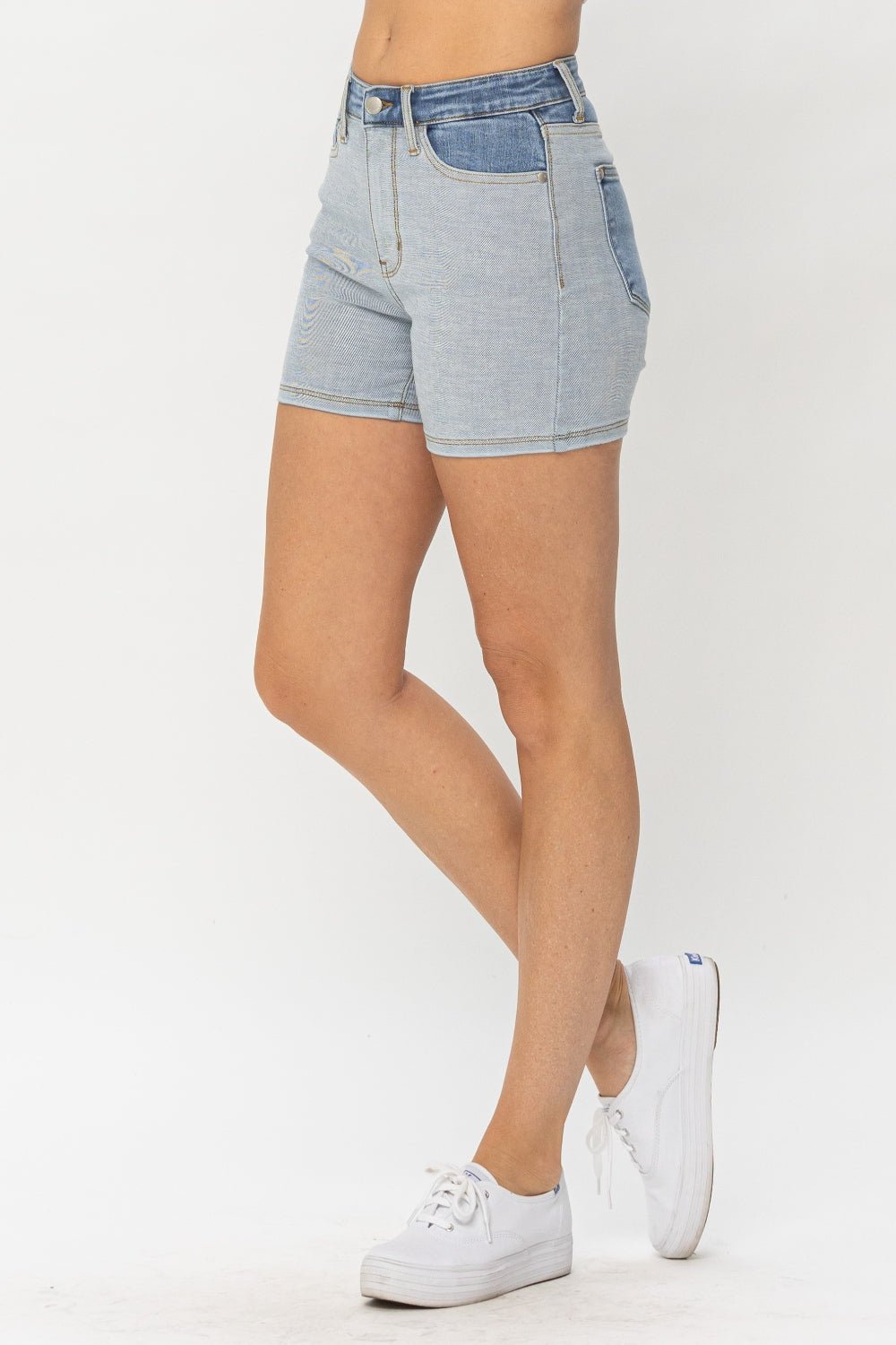 Judy Blue Full Size Color Block Denim Shorts - Shorts - LT/MD - Bella Bourget