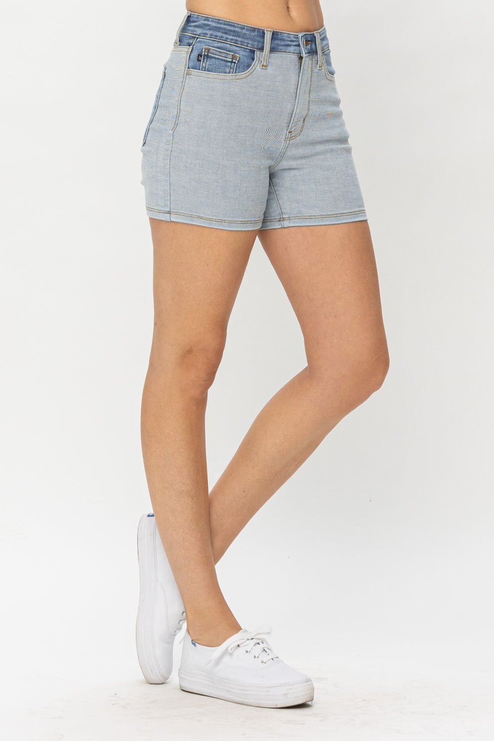 Judy Blue Full Size Color Block Denim Shorts - Shorts - LT/MD - Bella Bourget