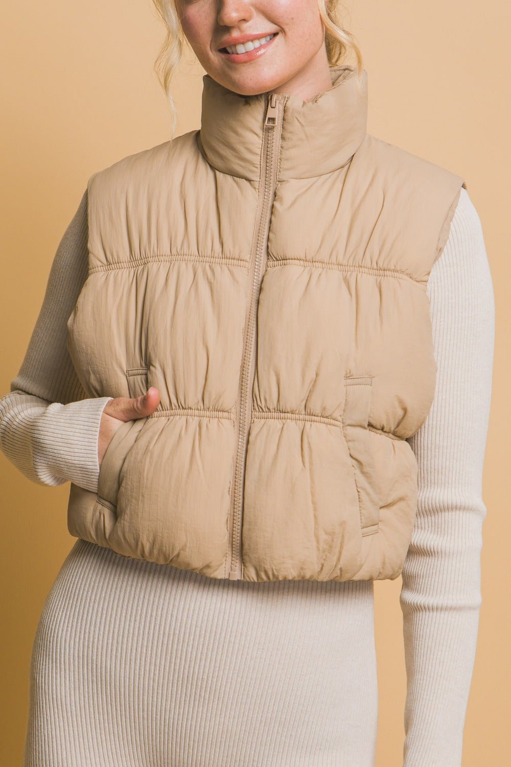 Love Tree Zip Up Turtleneck Cropped Vest Coat - Vest - Khaki - Bella Bourget