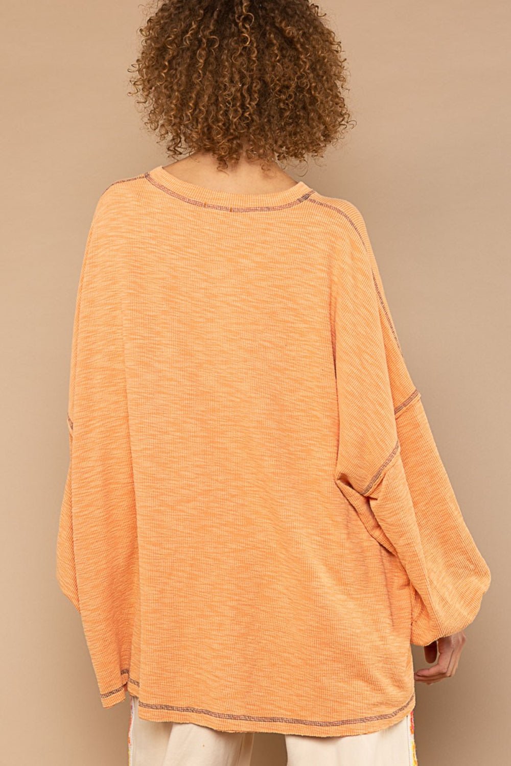 POL Exposed Seam Round Neck Long Sleeve Top - Top - Coral Orange - Bella Bourget