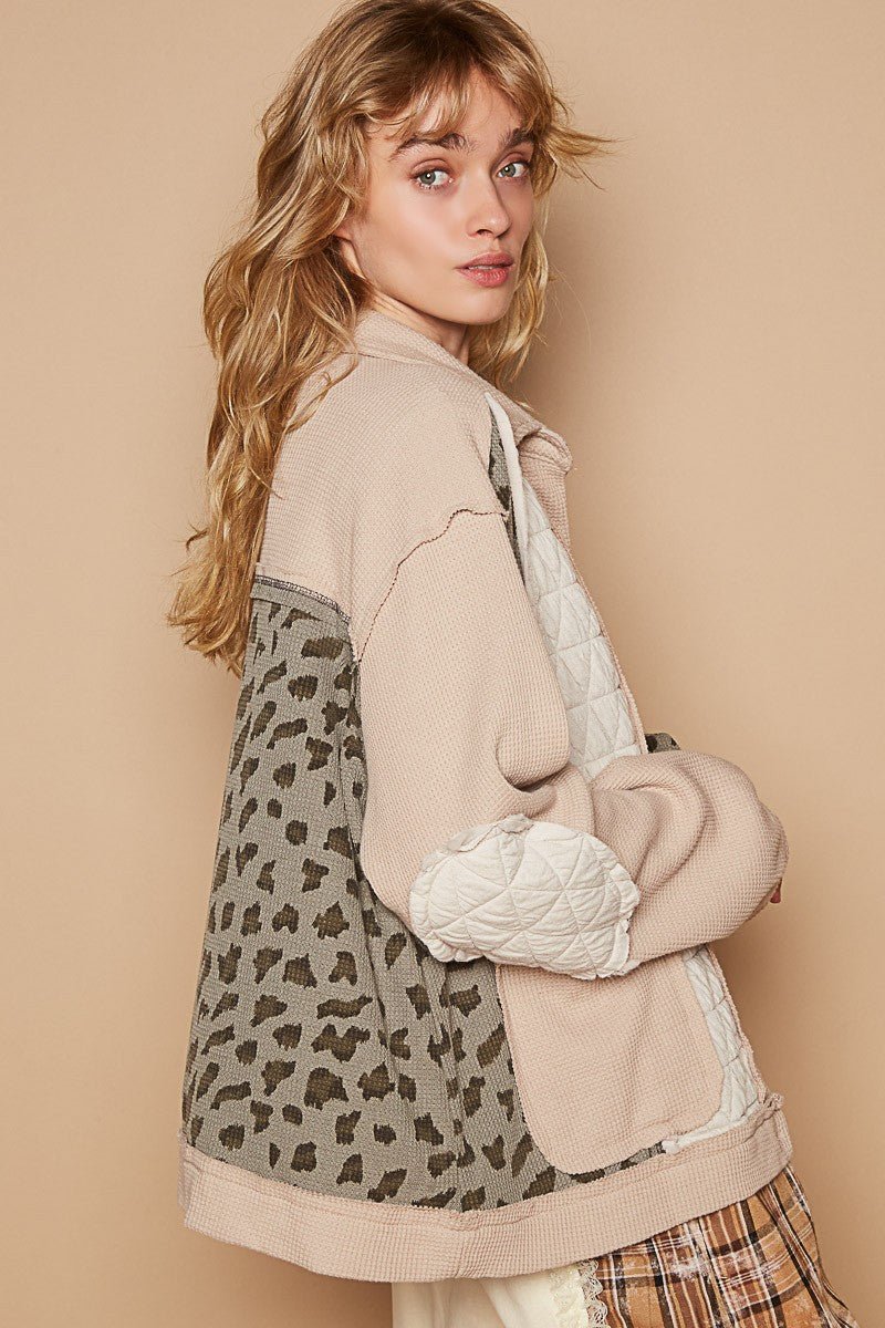POL Leopard Exposed Seam Button Up Quilted Jacket - Jacket - Beige Multi - Bella Bourget