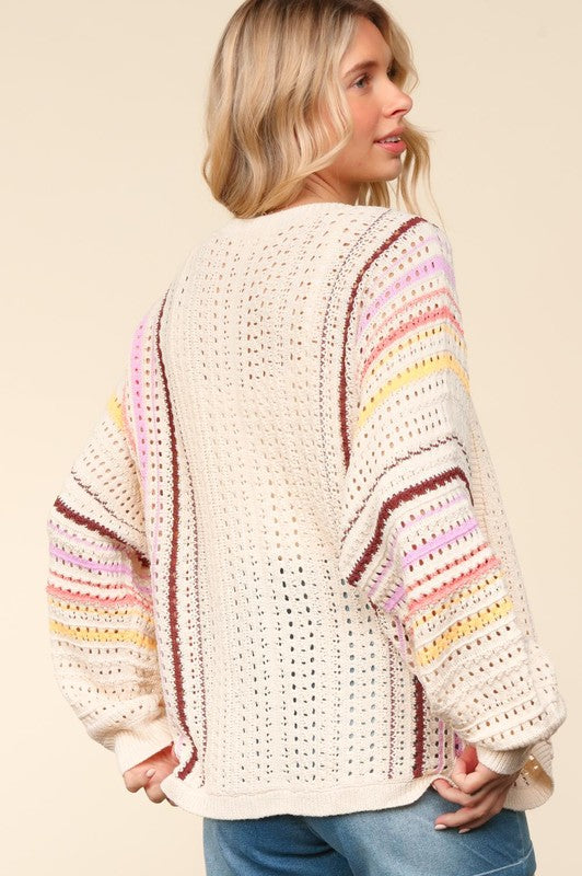 Haptics Full Size Striped Crochet Open Front Cardigan