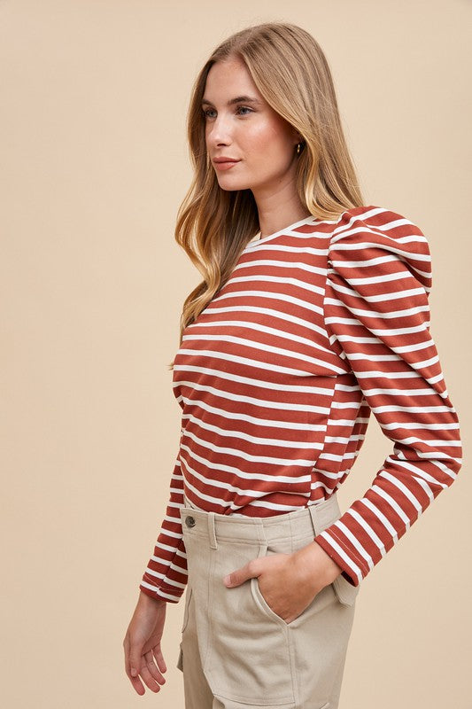 Annie Wear Striped Round Neck Puff Sleeve French Terry Top