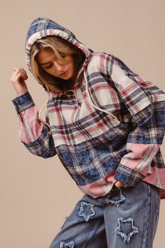 BiBi Drawstring Plaid Drop Shoulder Hoodie