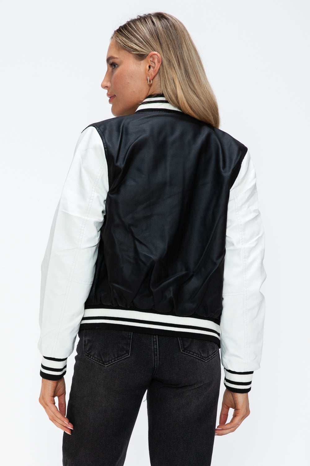 Love Me Now Faux Leather Contrast Snap Down Bomber Jacket