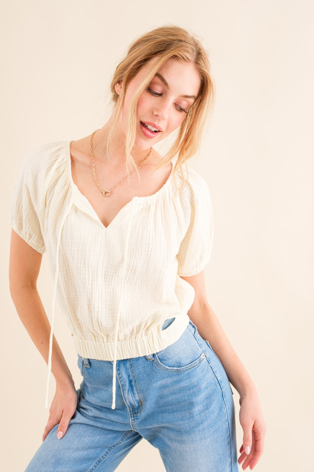 And The Why Back Waist Tie Cropped Blouse - Top - Cream - Bella Bourget