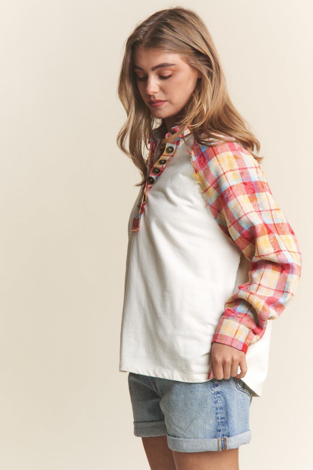 J.NNA Plaid Contrast Button Down Henley Top