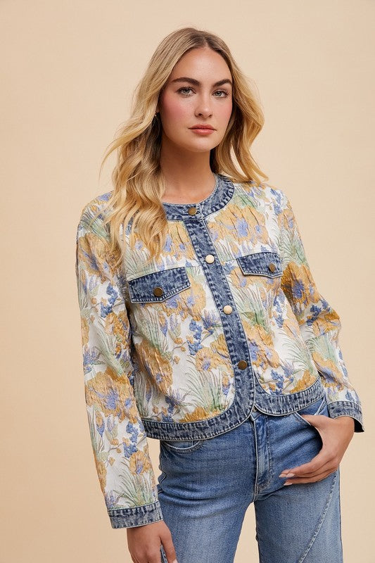 Annie Wear Floral Jacquard Denim Contrast Button Down Jacket