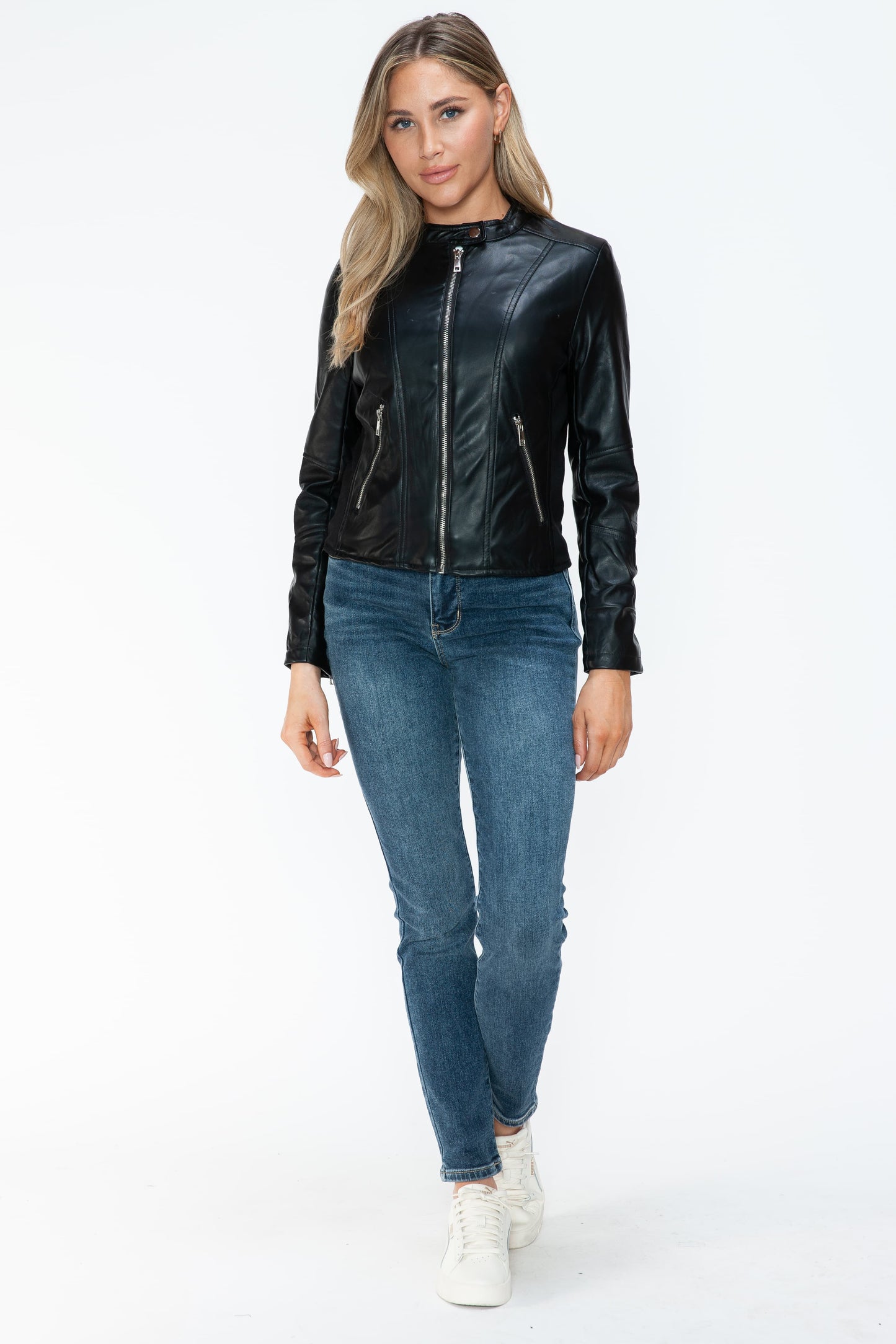 Snobbish Faux Leather Zip Up Jacket with Pockets