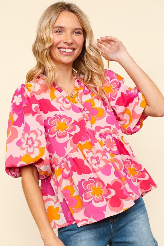 Blusa con mangas abullonadas y estampado floral con volantes de tamaño completo de Haptics