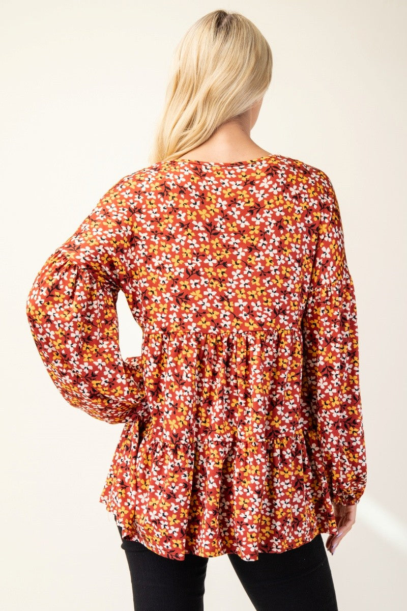 Celeste Full Size Floral V-Neck Balloon Sleeve Blouse