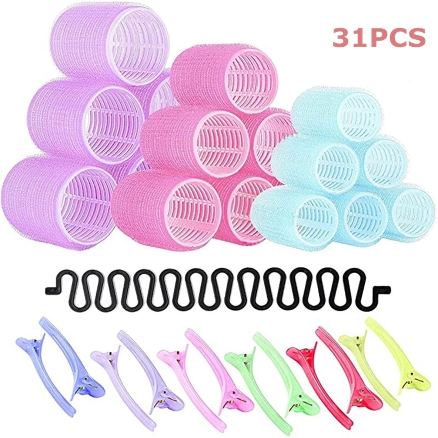 31PCS Hair Rollers,Self Grip Nylon Velcro Rollers for Long Hair,Large Hair Roller Sets with Colored Clips, No Heat Salon Hairdressing Curlers Rollers for Women (3 Size) - A - Bella Bourget