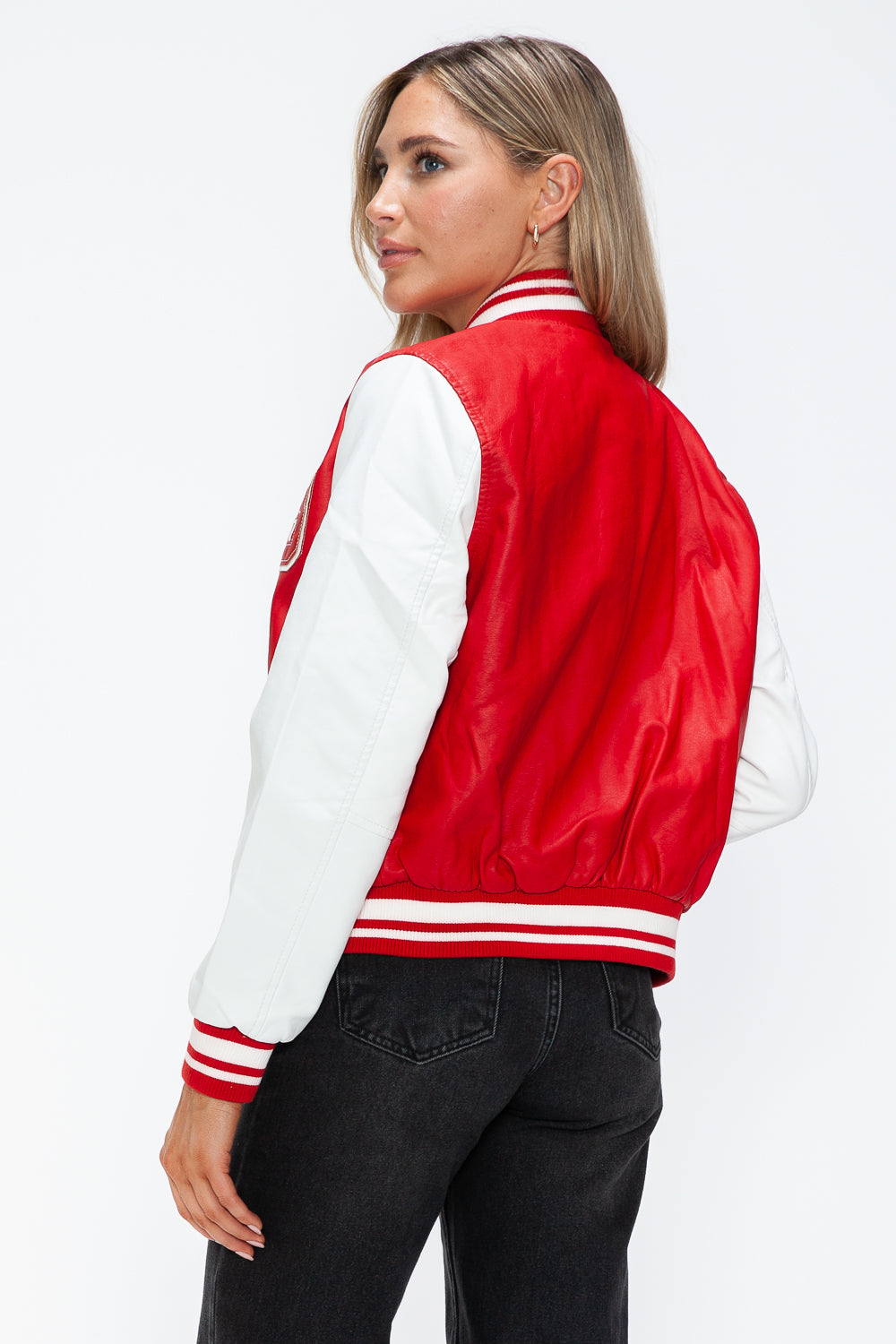 Love Me Now Faux Leather Contrast Snap Down Bomber Jacket