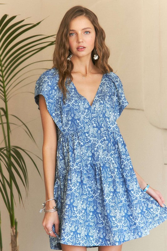 ADORA Printed V-Neck Ruffle Sleeve Mini Dress