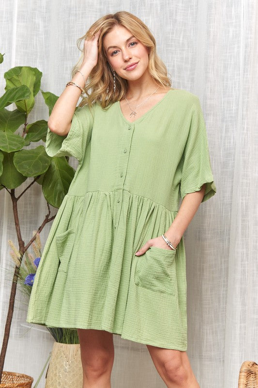 ADORA V-Neck Half Sleeve Dress with Pockets