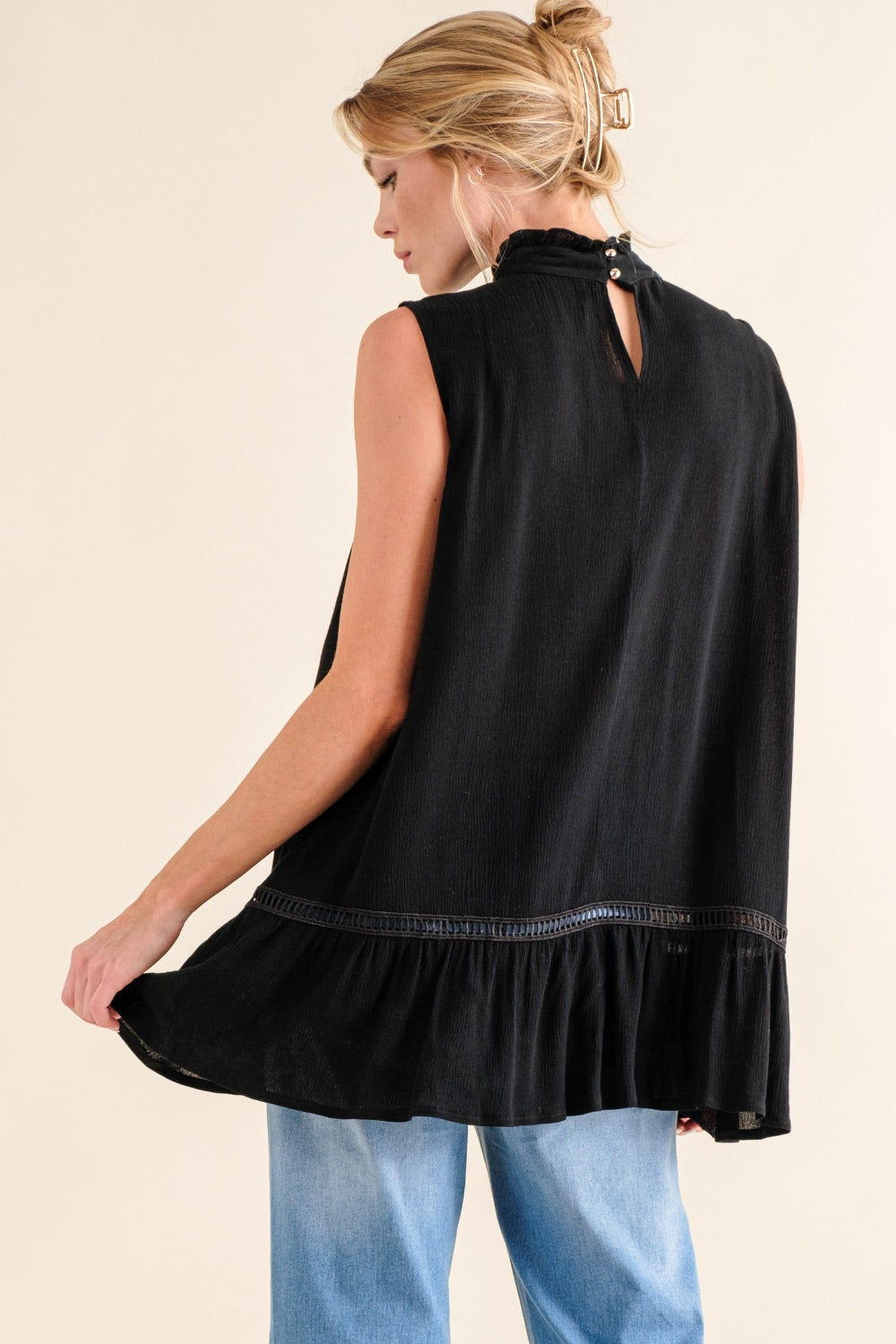 And The Why Lace Detail Sleeveless Ruffled Top - Top - Black - Bella Bourget