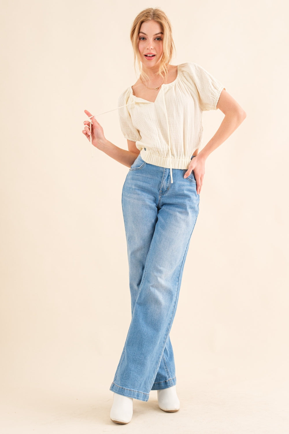 And The Why Back Waist Tie Cropped Blouse - Top - Cream - Bella Bourget