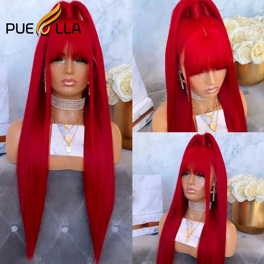 Red 13X4 Lace Frontal Wig with Bangs Brazilian Straight Lace Front Human Hair Wigs for Women 13X6 Lace Front Wig Human Hair