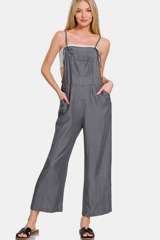 Zenana Washed Adjustable Strap Wide Leg Denim Overalls