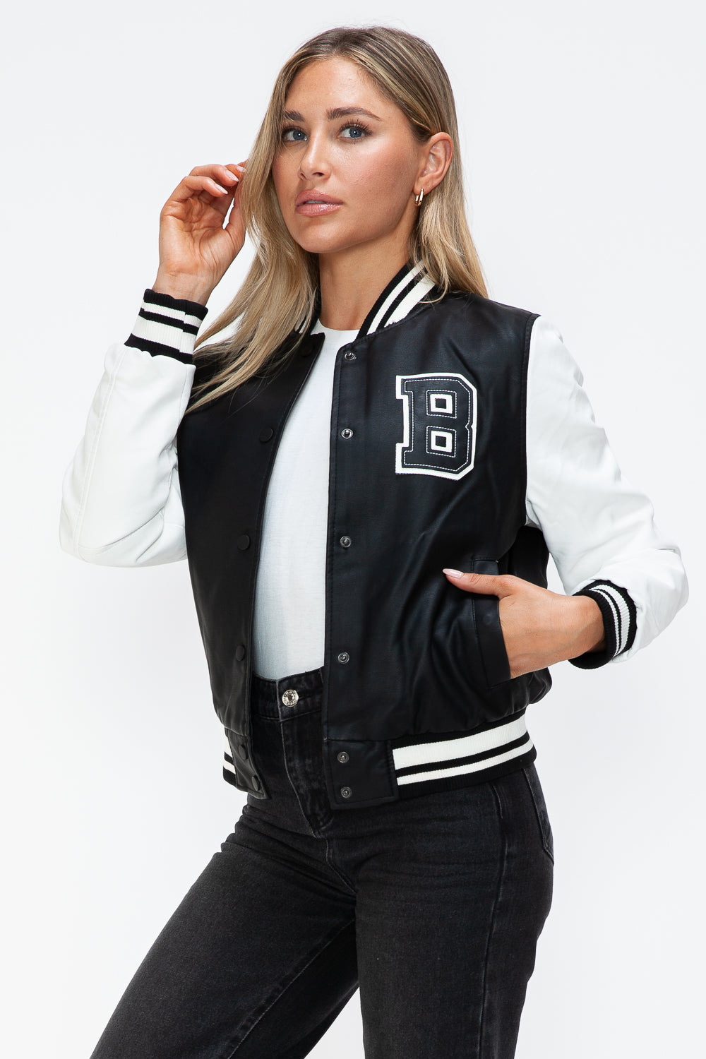 Love Me Now Faux Leather Contrast Snap Down Bomber Jacket