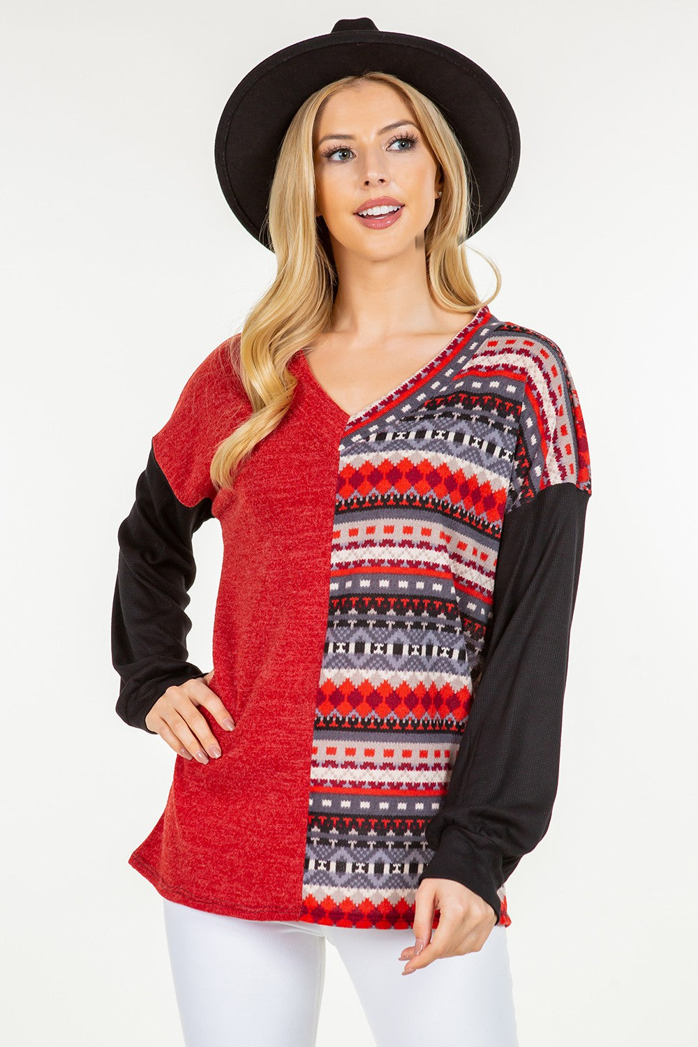 Celeste Full Size Contrast Geometric V-Neck Long Sleeve Blouse