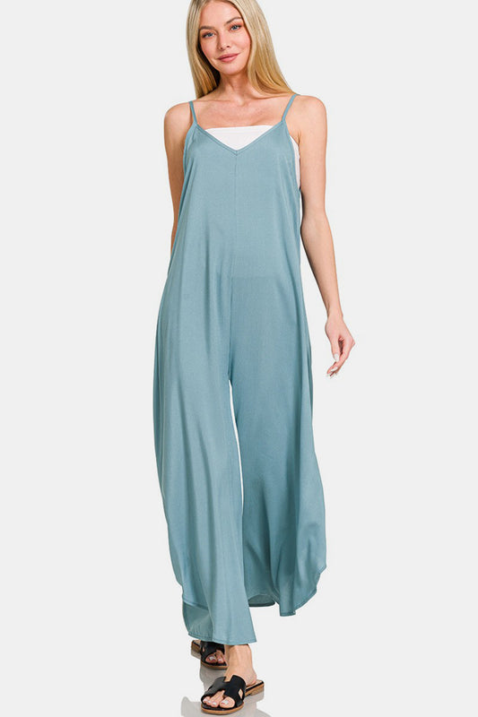 Zenana Spaghetti Strap Wide Leg Overalls with Pockets