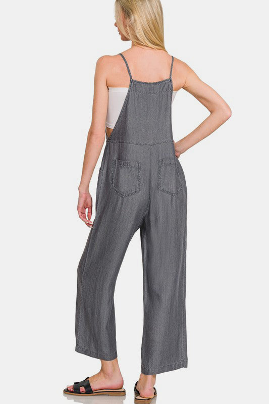 Zenana Washed Adjustable Strap Wide Leg Denim Overalls