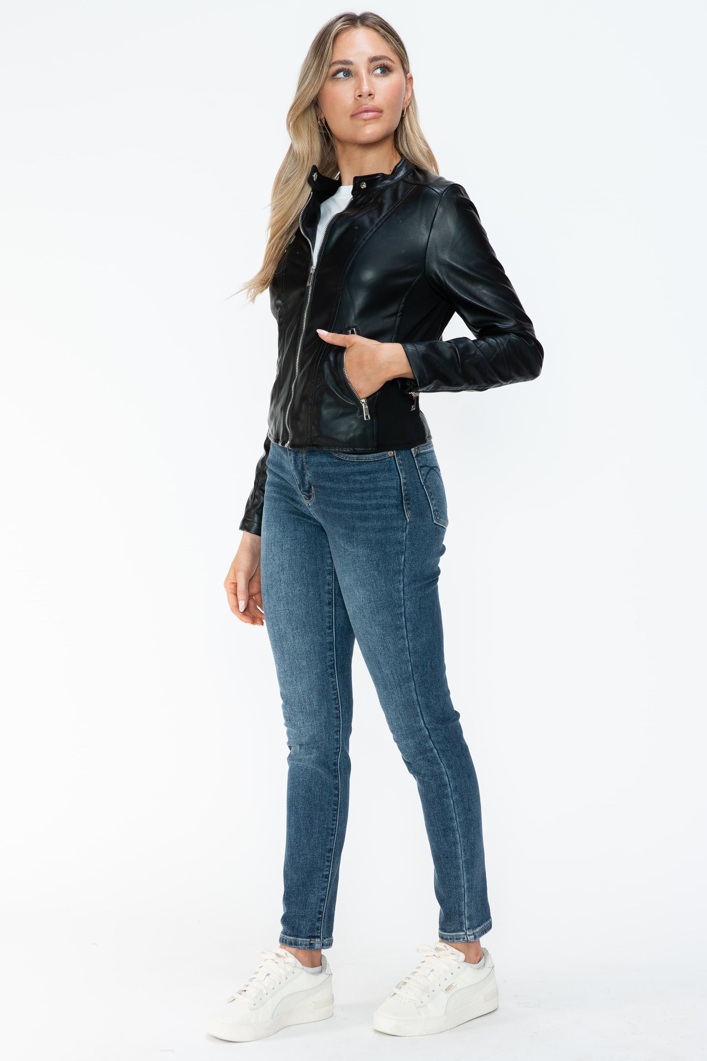 Snobbish Faux Leather Zip Up Jacket with Pockets