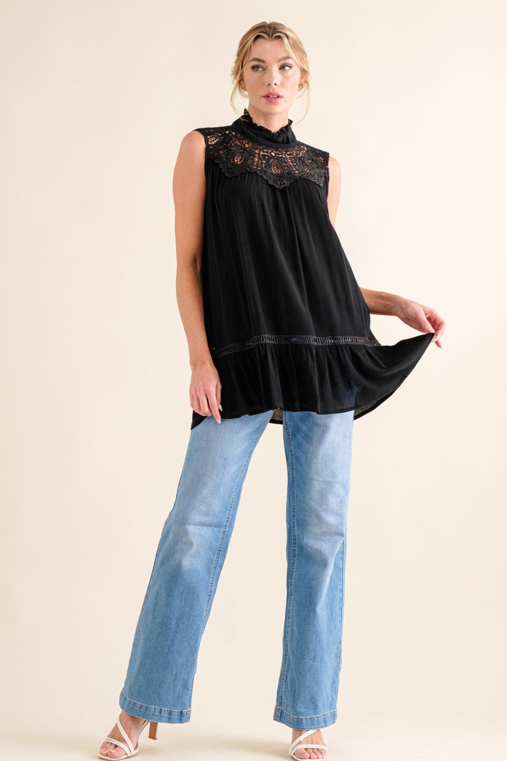 And The Why Lace Detail Sleeveless Ruffled Top - Top - Black - Bella Bourget