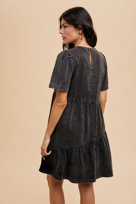 Annie Wear Mineral Washed Round Neck Short Sleeve Denim Dress