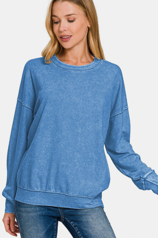 Zenana Washed Round Neck Dropped Shoulder Sweatshirt