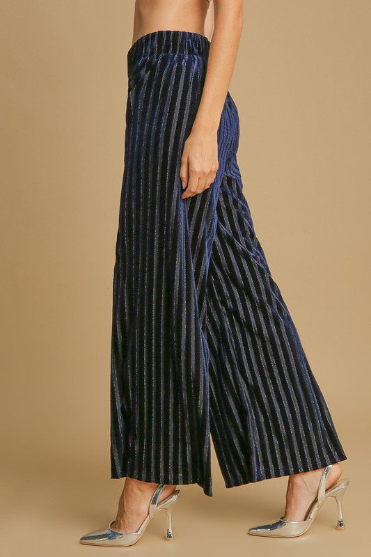 Umgee Full Size Elastic Waist Striped Wide Leg Velvet Pants