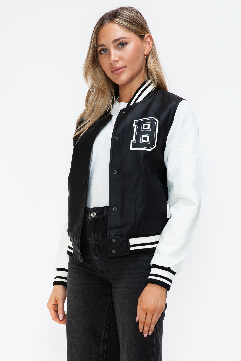 Love Me Now Faux Leather Contrast Snap Down Bomber Jacket