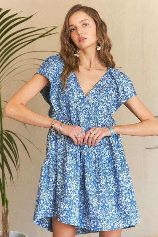 ADORA Printed V-Neck Ruffle Sleeve Mini Dress