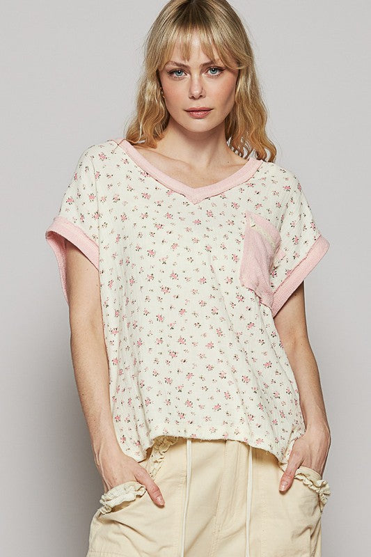 POL Floral V-Neck Short Sleeve T-Shirt