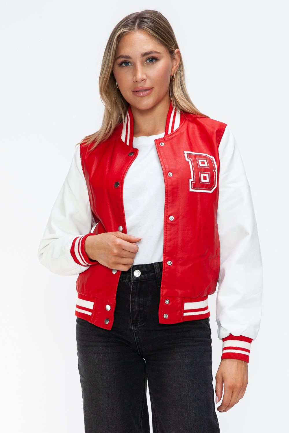 Love Me Now Faux Leather Contrast Snap Down Bomber Jacket