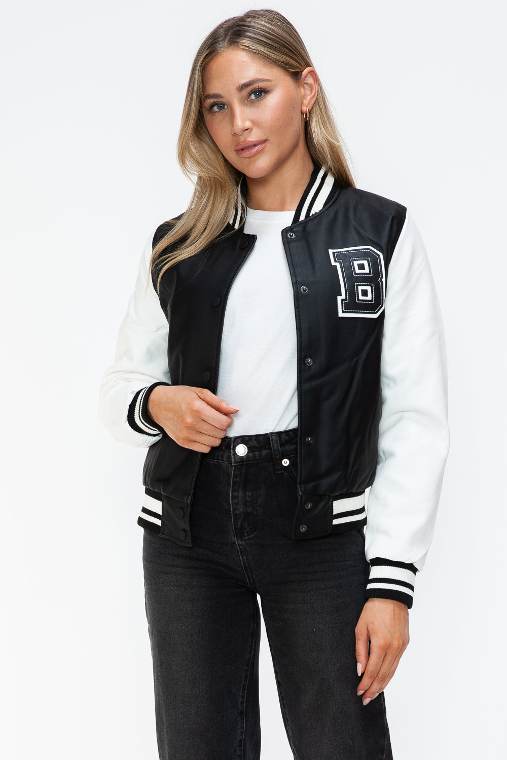 Love Me Now Faux Leather Contrast Snap Down Bomber Jacket