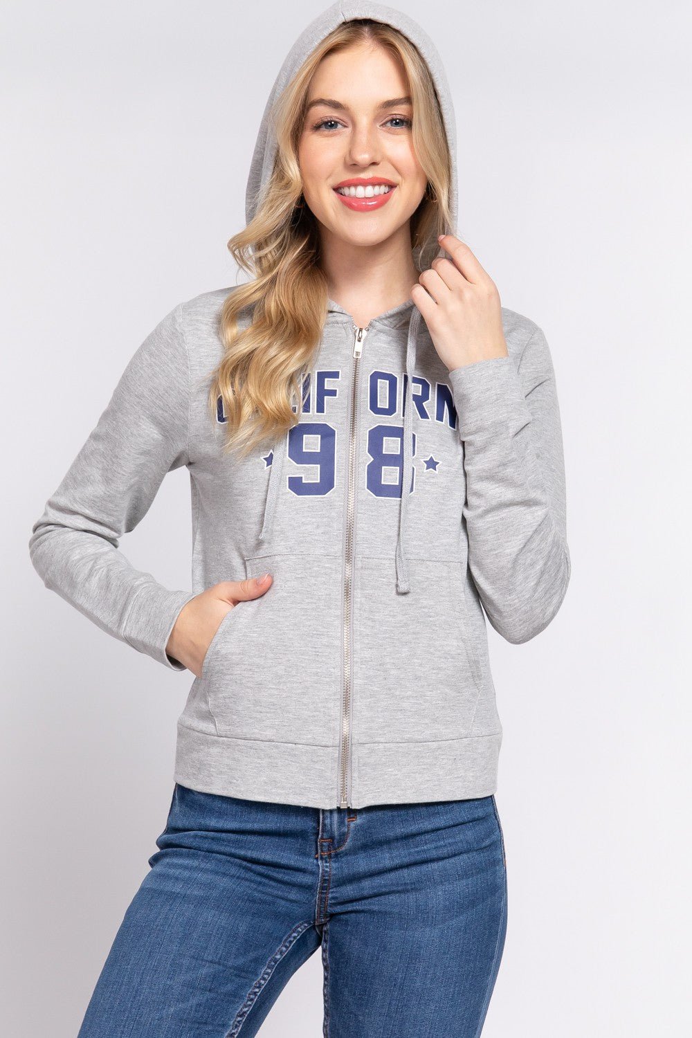 ACTIVE BASIC CALIFORNIA Zip Up Drawstring Long Sleeve Hoodie - Hoodie - H Grey/Navy - Bella Bourget