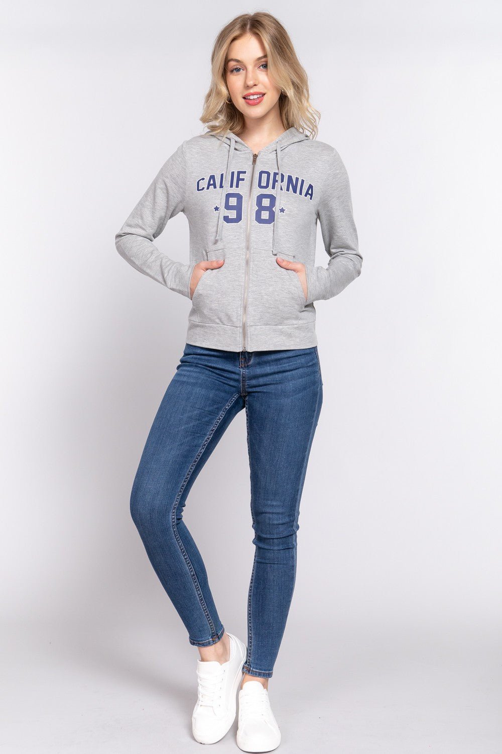 ACTIVE BASIC CALIFORNIA Zip Up Drawstring Long Sleeve Hoodie - Hoodie - H Grey/Navy - Bella Bourget