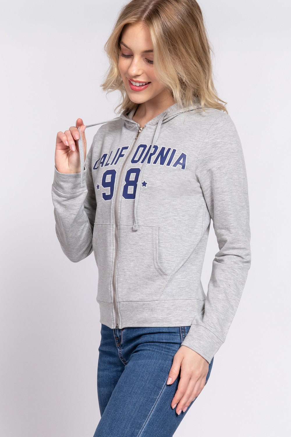 ACTIVE BASIC CALIFORNIA Zip Up Drawstring Long Sleeve Hoodie - Hoodie - H Grey/Navy - Bella Bourget