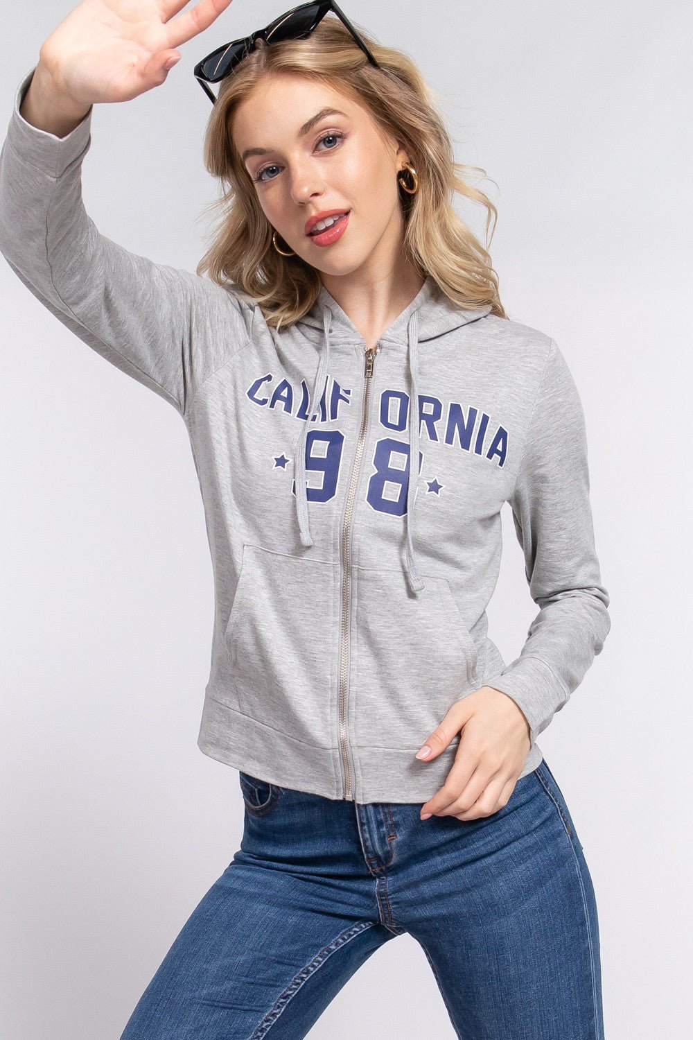 ACTIVE BASIC CALIFORNIA Zip Up Drawstring Long Sleeve Hoodie - Hoodie - H Grey/Navy - Bella Bourget