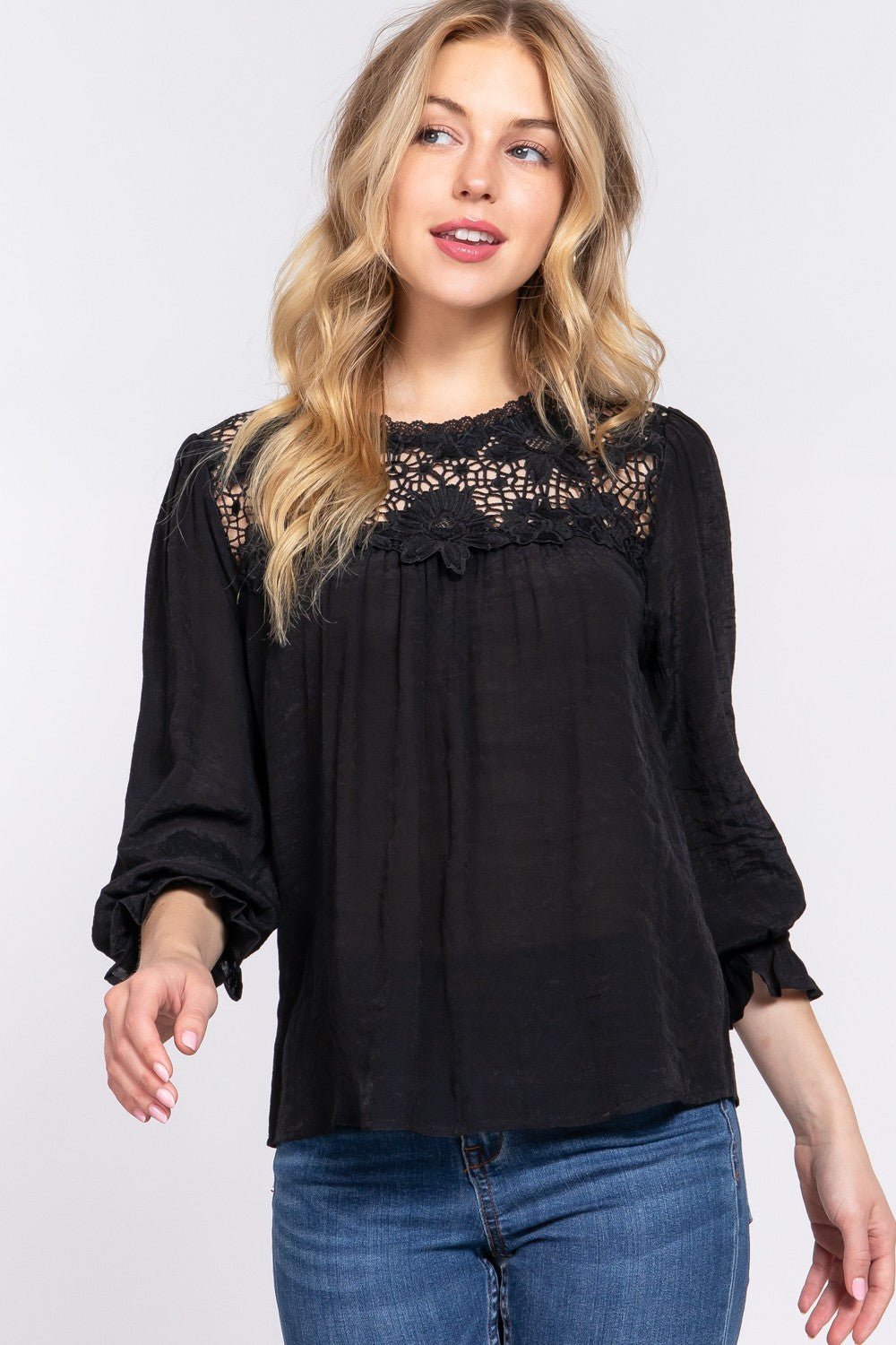 ACTIVE BASIC Crochet Lace Panel Flounce Sleeve Blouse - Top - Black - Bella Bourget