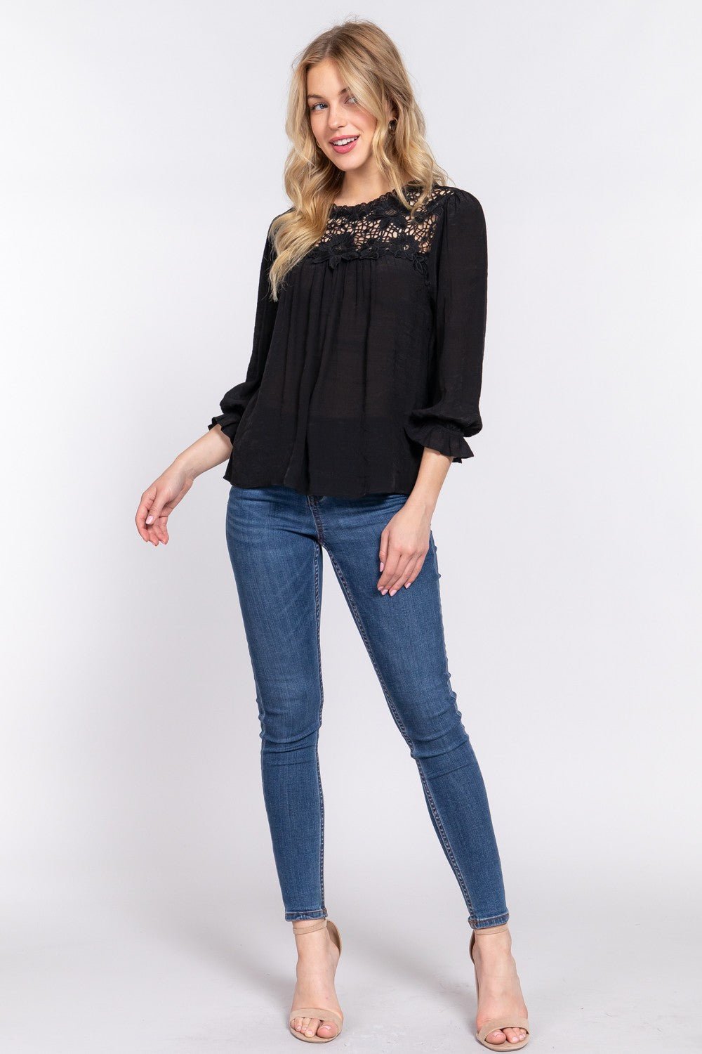 ACTIVE BASIC Crochet Lace Panel Flounce Sleeve Blouse - Top - Black - Bella Bourget