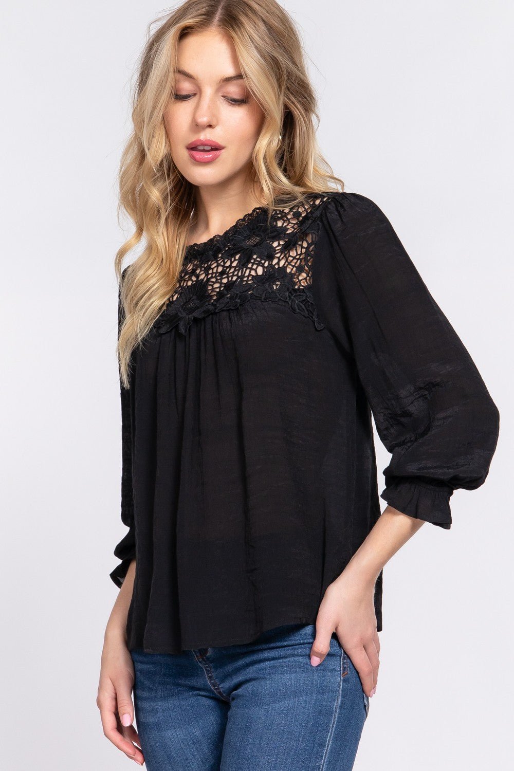 ACTIVE BASIC Crochet Lace Panel Flounce Sleeve Blouse - Top - Black - Bella Bourget